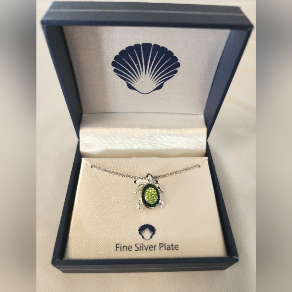 Silver Turtle Pendant Necklace with Green Gemstone